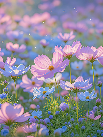 Cosmos flowers in the meadow with blue and pink petals