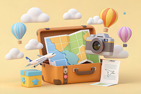 Traveling around the world concept. Suitcase with a map, camera, air balloon, airplane, plane, sand and paper documents. 3d renderingの写真素材