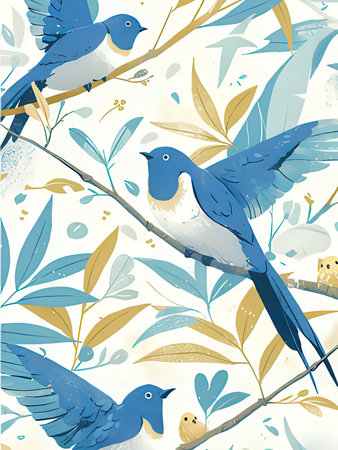 Seamless pattern with blue birds on branches. Vector illustration.の写真素材