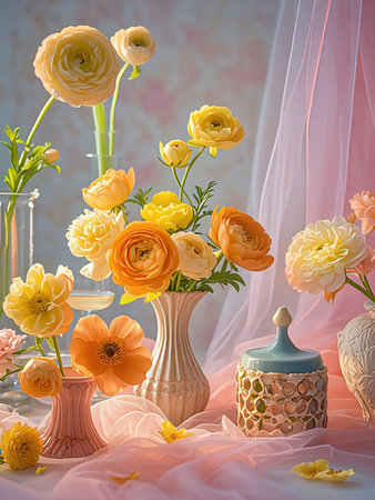 Still life with yellow and orange ranunculus flowers in vaseの写真素材