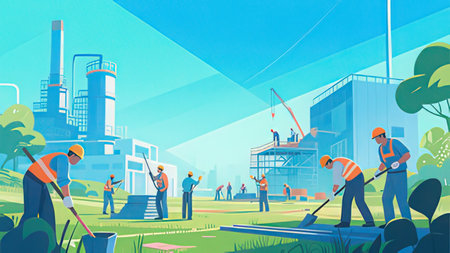 Construction workers, engineers and architects working on building site, vector illustrationの写真素材