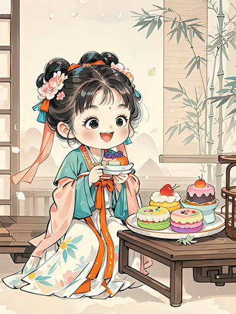 Cute little girl with cake in hand. Vector cartoon illustration.の写真素材