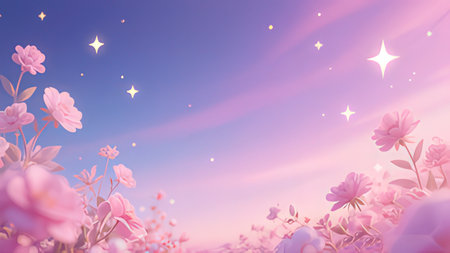 3d illustration of pink flowers and stars in the blue sky.の写真素材