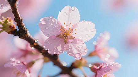 cherry blossom in spring, sakura flowers with water dropsの写真素材