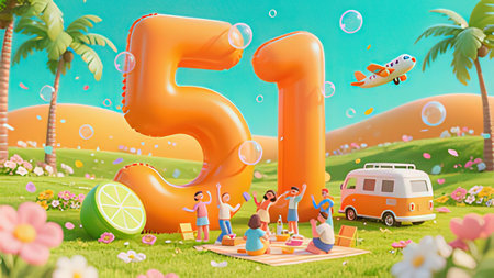 5th birthday party with children in the park. 3d rendering