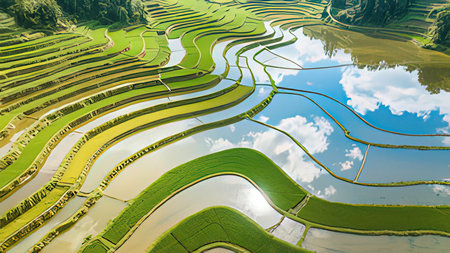 Aerial view of green rice paddy field with reflection in water.の写真素材