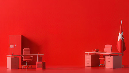 Interior of a modern office with a red wall. 3D renderingの写真素材