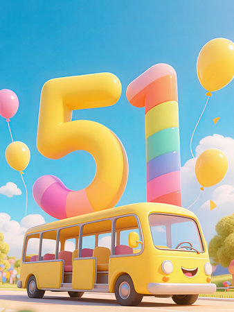 birthday with school bus and balloons. 3D rendering