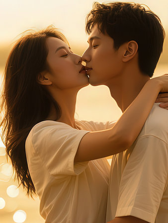 Happy asian couple kissing on the beach at sunset. Love concept.の写真素材