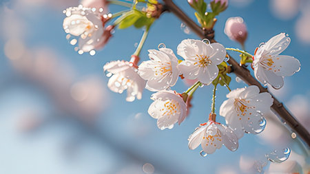 cherry blossom with water drops on blue sky background, soft focusの写真素材