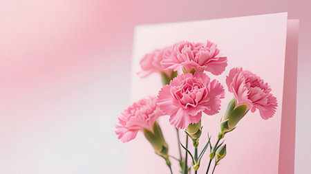 Bouquet of pink carnation flowers on pastel background with copy spaceの写真素材