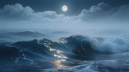 Sea wave at full moon night. 3D Rendering illustration.の写真素材