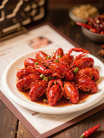 Boiled crayfish in spicy sauce on a white plate.の写真素材