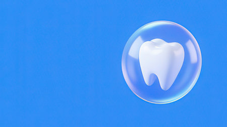 tooth in a bubble on blue background. 3d illustration.の写真素材