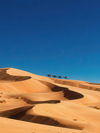 Camel caravan on sand dunes in the Sahara desert, Moroccoの写真素材
