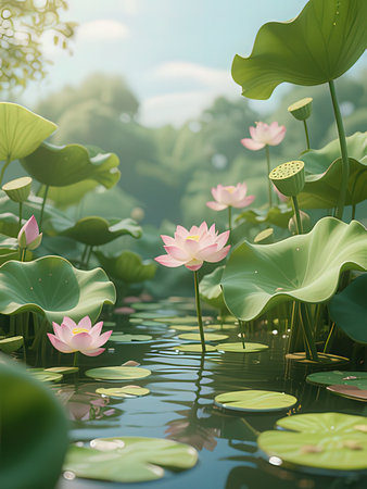 Beautiful lotus flower in the pond, nature background, 3d renderの写真素材