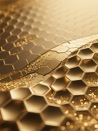golden honeycomb background, 3d render, computer digital illustrationの写真素材