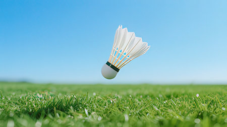 Badminton shuttlecock on green grass with blue sky background.の写真素材