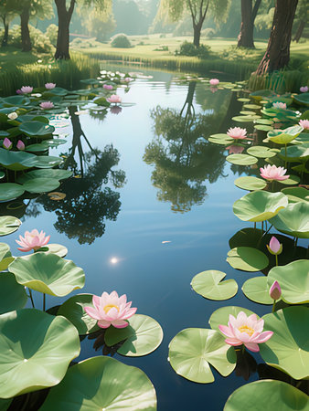 Beautiful lotus flowers blooming in the park. Nature backgroundの写真素材