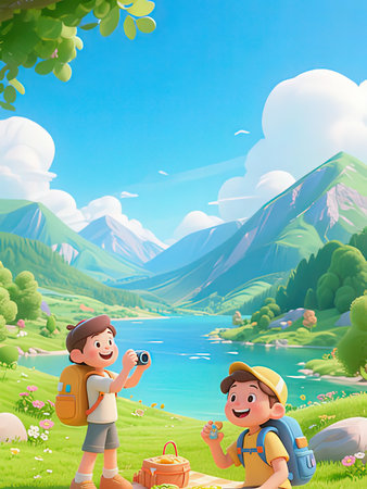 Cartoon happy boy and girl with backpack taking photo of mountain landscapeの写真素材