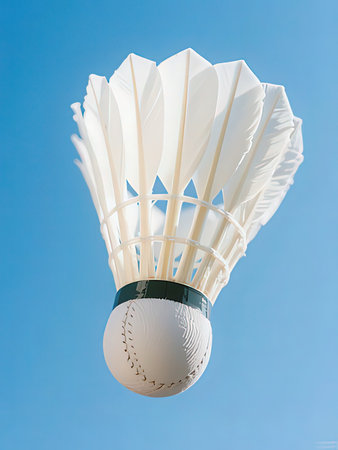 Shuttlecock on blue sky background, badminton sport equipmentの写真素材