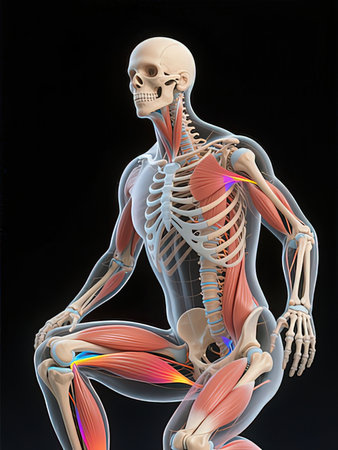 3D render of a male figure with muscle maps isolated on black backgroundの写真素材