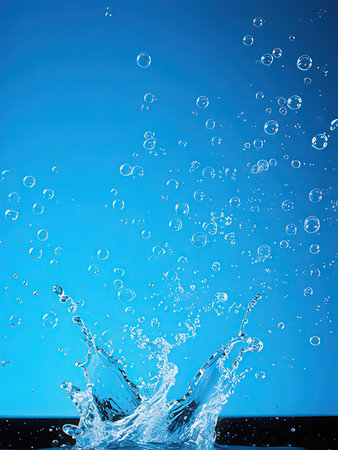 Water splash on blue background. Water drops fly in the air.の写真素材