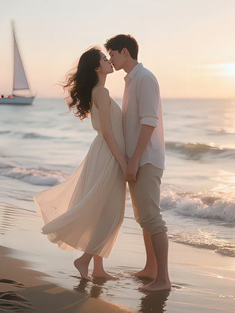 Romantic young couple embracing and kissing on the beach at sunset.の写真素材