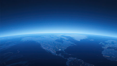 View of the planet Earth from space during a sunrise 3D renderingの写真素材