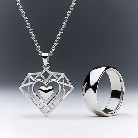 Silver pendant with heart on a silver chain. 3D renderingの写真素材