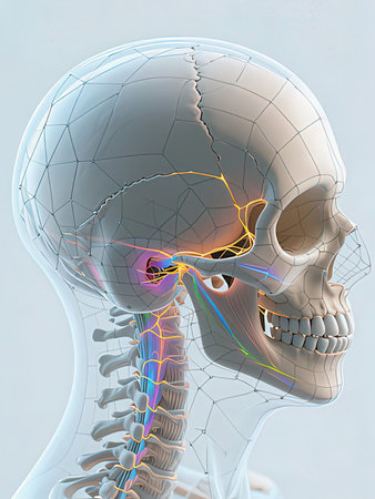 3D illustration of a human skeleton with highlighted eye and neck.の写真素材