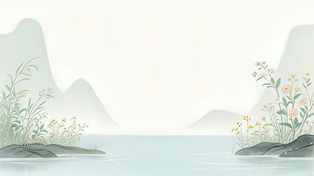 3d render of a minimalistic landscape with mountains and flowers.の写真素材
