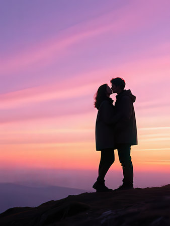 Silhouette of couple kissing on top of the mountain at sunset