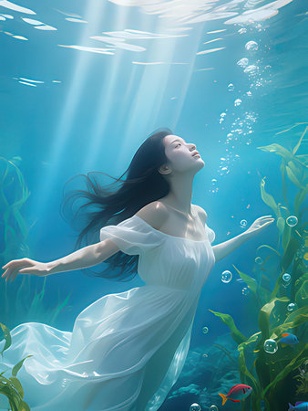Beautiful mermaid in the sea. Underwater scene. 3d renderingの写真素材