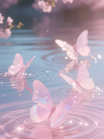 butterflies and flowers in the water. 3d illustration.の写真素材