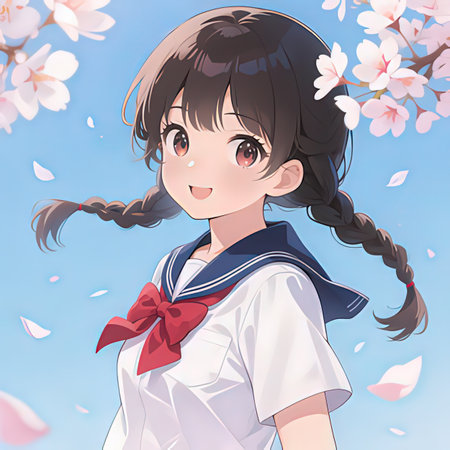 Cherry blossom and Japanese school girl. Sakura vector illustration.の写真素材