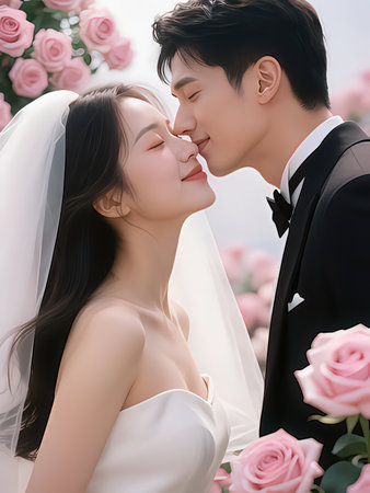 Beautiful asian bride and groom kissing on the background of pink rosesの写真素材