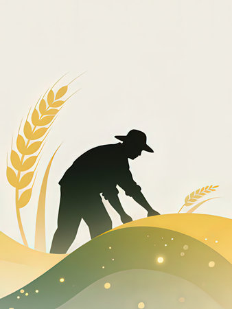agriculture and farming concept - farmer in wheat field vector illustrationの写真素材