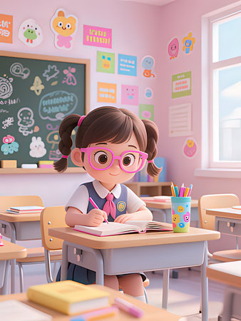 3D Render of Cute Little Girl Studying in Classroomの写真素材