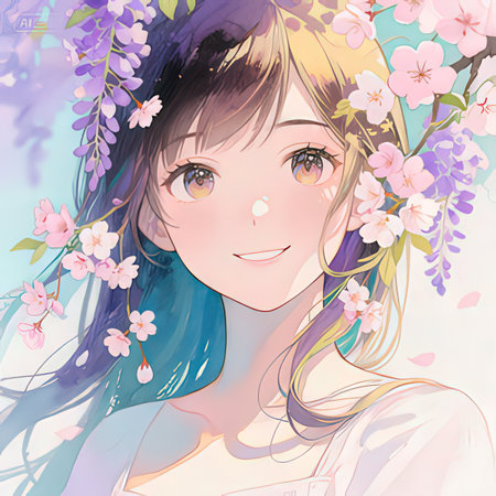 Beautiful young woman with sakura flowers in her hair. Spring illustration.