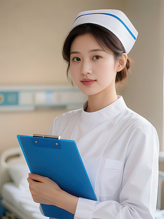 Nurse with clipboard in the hospital room, asian beauty.の写真素材