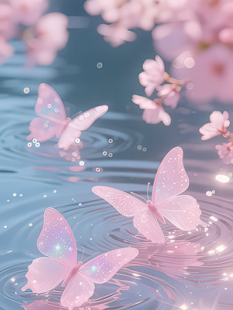 butterflies and cherry blossom on the water. 3d illustrationの写真素材