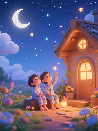 Cute cartoon boy and girl sitting near the house at night.