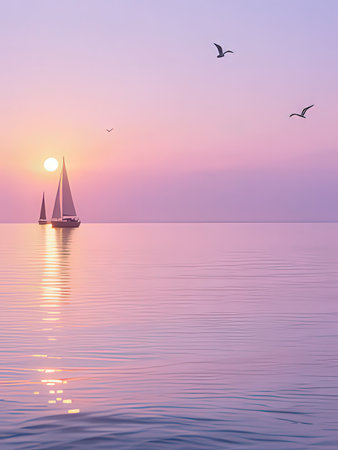 Sailing boat in the sea at sunset. Beautiful seascape.の写真素材