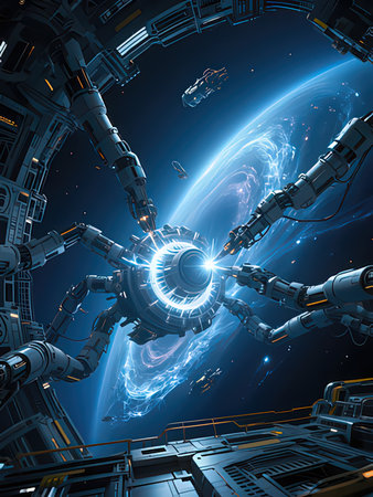 3D rendering of two cyborgs in space with planet Earthの写真素材