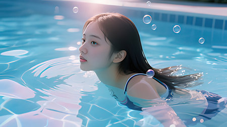 3d rendering of a beautiful asian girl relaxing in swimming poolの写真素材