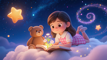 Girl reading a book with teddy bear and stars in the backgroundの写真素材