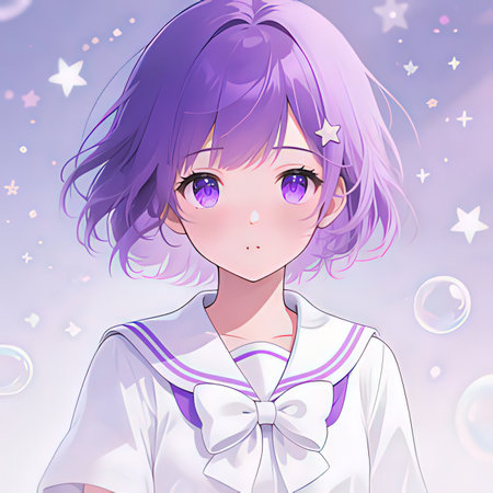 Cute anime girl with purple hair and stars in the background.の写真素材
