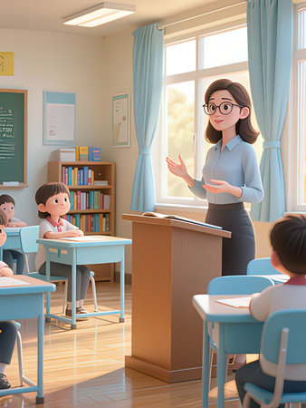 Teacher giving a speech in the classroom. 3d illustration.の写真素材