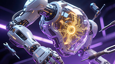 3D rendering robot working with circuit board in dark space, future technology conceptの写真素材